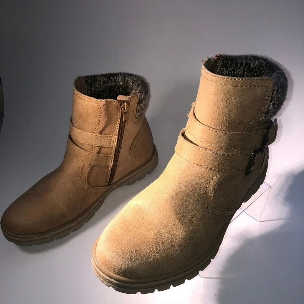 Girls‎ Tan Suede Faux Fur Lined Winter Boots Size 6M Zip Buckle Detail
